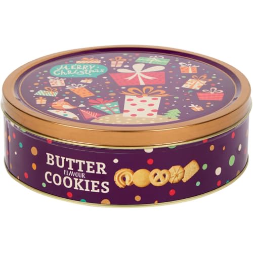 Scatola di Biscotti al Burro Natalizi, Confezione Regalo in Metallo Viola con Decorazioni Festive, Assortimento di Dolci, 340g