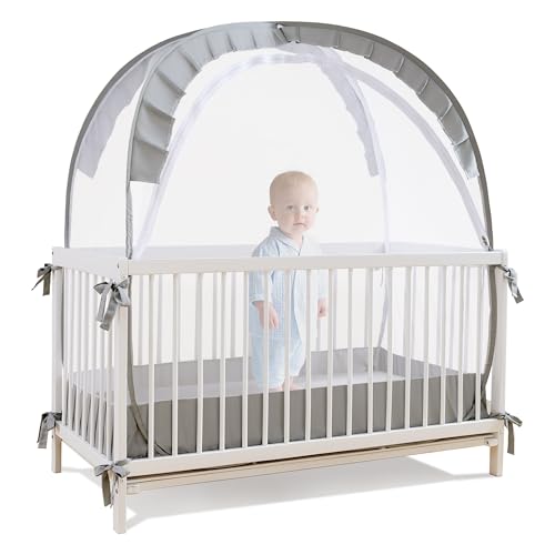 Lazyzzzz Baby Crib Tent - Pop Up Crib Canopy with Double Zipper Self-Locked,1200 Holes/Inch Mesh Crib Net to Keep Baby from Climbing Out, Portable Easy Install 55' L x 27' W x 51' H Grey