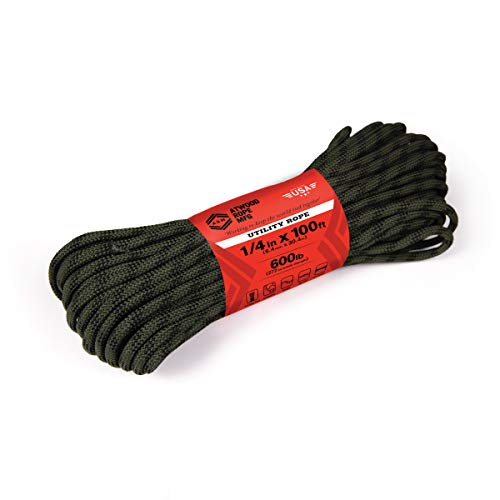 Atwood Rope MFG 1/4” inch Braided Utility Rope. Camouflage, 100ft Made in USA, Lightweight Strong Versatile Rope for Camping, Survival, DIY, Knot Tying