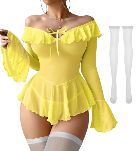 Image of Foxiny Sheer Ruffle Long Sleeve Babydoll Lingerie Dress | Off-shoulder neckline, flared cuffs and a flounce hem add movement; thong and thigh-high stockings complete the 3-piece set