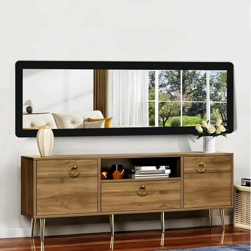 Image of Creative Arts n Frames 15x51 inch Classic Black Long Fiber Wood Wall Hanging Mount HD Mirror Home Decor Items Living Room Bathroom Bedroom Hotel Office (Classic Black Color Framed HD Mirror)