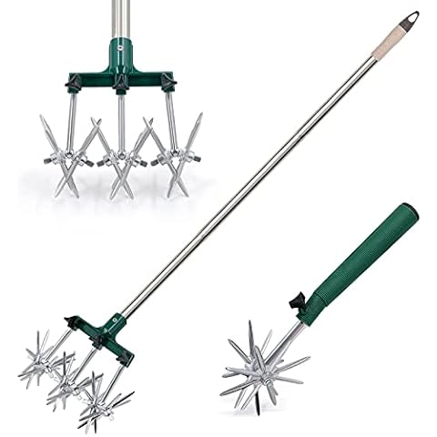 Hortem Rotary Cultivator Set, 25"-63" Adjustable Gardening Rotary Tiller and Hand-Held Garden Cultivator Tool with Steel Detachable Tines, Reseeding Grass or Soil Mixing Cover