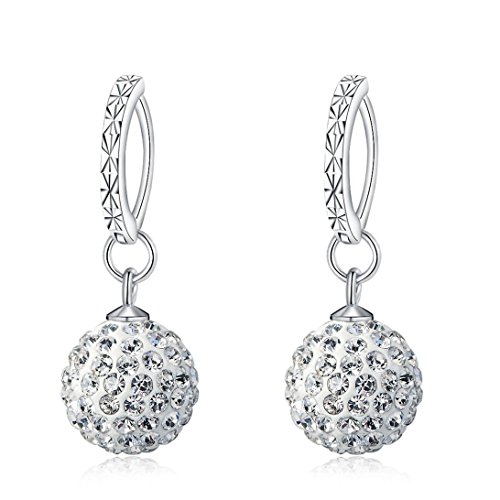 Mandio 925 Sterling Silver Crystal 12mm Disco Ball Earrings, Dangle Drop Earrings for Women/Girls