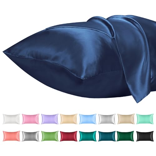 Lirex 2 Paquetes Funda Almohada Satinado, Microfibra de Color Sólido Suave Funda de Almohada de Satinado, Sin Arrugas Resistente a la Decoloración Respirable (50 x 75 cm, Azul Marino)