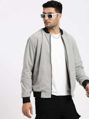 Image of SHOWOFFFF Men Solid Bomber Jacket | Mock Collar Full Sleeves Nylon Jacket for Mens | Slim Fit Regular Length Jacket for Men's