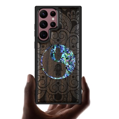 Étui pour Galaxy S22 Ultra coque en bois sombre au design de mandala unique
