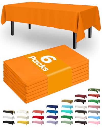 Image of Pureegg Plastic Table Cloth Disposable 6 Pack, 54 x 108 Inch, Orange | Halloween Party, Thanksgiving, Harvest Decor, Waterproof, Orange, Tablecloth