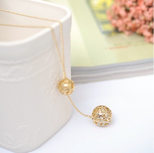 Golden Plated -Fashion Beautifully Exquisite Lovely Delicate Hollow Double Ball Long Necklace Pendant / Sweater Chain--(With Cutely Gift Box)---Awesome gift for Holidays-----FREE Shipping From USA--takes 2-6 working days with shelley.kz INC-(1 pcs on