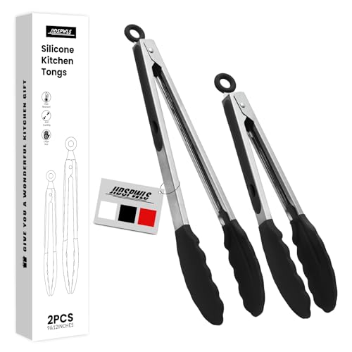2 Pack Black Premium Stainless Steel Heat Resistant Kitchen Tongs for cooking set of 9 and 12 Non Scratch Silicone cooking Tong Tip for Cooking Pans Strong Grip BBQ tongs for Grabbing Hot Food