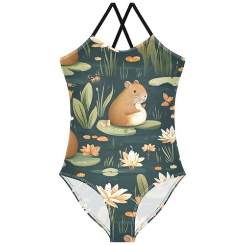 Pigsaly Girls One Piece Swimsuits Cute Butterfly Capybaras Lily Kids Cross Back Swimwear Toddler Beach Sport Bathing Suit 3T