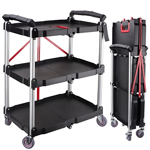 EBANKU Carrello da Portata con Ruote, Carrello Servizio Pieghevole a 3 Ripiani Carrello Cucina Pieghevole Multiuso con Manico Carrello Cucina per Ufficio, Magazzino e Casa