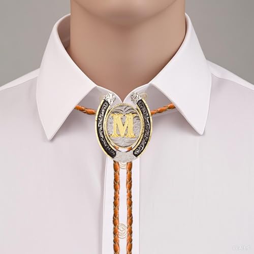 Image of Bolo tie for Men Western Cowboy Brown Leather Necktie Gold Initial Letter ABCDJMR to Z Bolo ties for Women