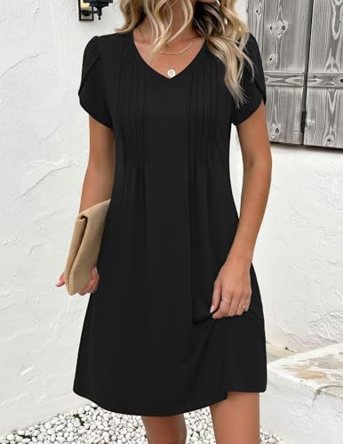 Zeagoo Casual Dresses for Womens Summer Dresses 2026 Ladies Black Dress with Pockets Short Sleeve A Line Dress Pleated, A-Black - Thumbnail 3