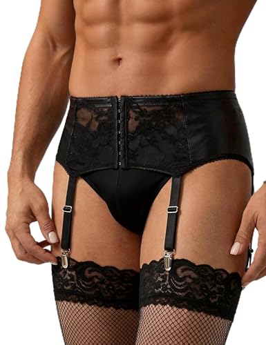 ohyeahlady Porte Jarretelle Homme Sexy Cuir PU Sissy Porte Jarretelle Homme pour Bas 6 Pinces Grande Taille Jockstrap Gay Tenue Sexy Hot Club Libertin Lingerie...