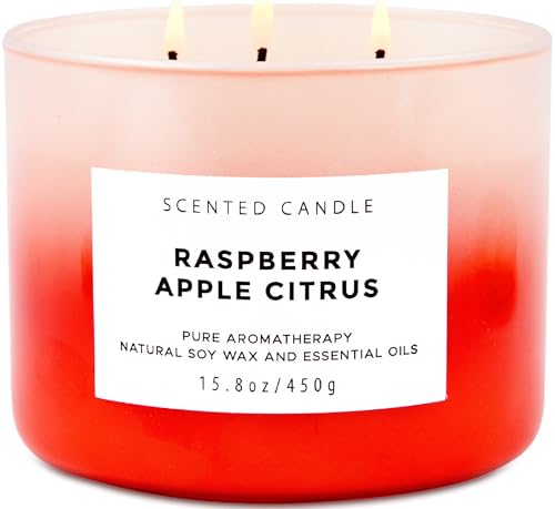 Large 3 Wick Soy Candle 15.8 oz - Raspberry Apple Citrus Scented Candle with Cranberry & Warm Cinnamon - Clean Burn, Long Lasting - Aromatherapy Candle for Relaxation & Stress Relief