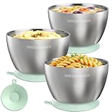 Greentainer 3er Set Edelstahl Baby Schüsseln mit Saugnapf – Breischale für Babybrei & Porridge, Rutschfeste Babyschüsseln mit Silikonhülle, Unzerbrechlich & BPA-frei, Kinderschüssel ab 6 Monaten,Grün