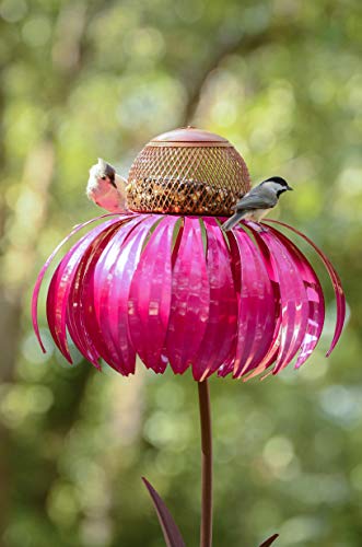 Desert Steel Red Coneflower Standing Bird Feeder - (Red - 13”W x 34”H) - Outside Rust Resistant Garden Art Metal Birdfeeder with Stand - Thumbnail 5