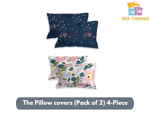 Image of RD TREND Glace Cotton Assorted Pillow Cover Set of 2 (4 Pcs) - Premium 210 TC, Standard Size 18 inchx28 inch | Soft & Breathable Floral Printed Design for Bedroom |Bluestar&Pink
