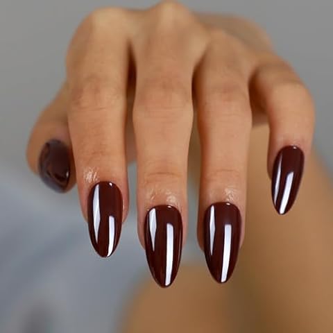 Press On Nails Almond Medium Chrome Burgundy Red, 30pcs OIFEN Fake Nails Glossy 15 Sizes Reusable with Nail Glue (Mahogany) Cover