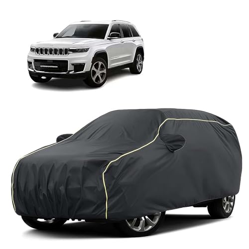 Image of Sulfar 100% Water Resistant Car Body Cover Compatible with Mirror for Jeep Grand Cherokee (Triple Stitched, Full Bottom Elastic, Dark Grey Tafetta with Yellow Piping)