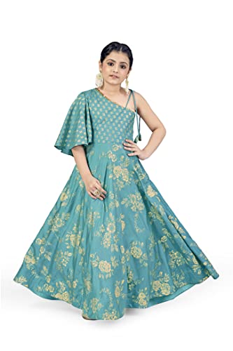 Image of Fashion Dream Girls Dola Silk Maxi Length One Shoulder Dress|Maxi Dress|Long Dress|Printed Dress|Printed Maxi Dress(Teal Blue 7-8 Year)