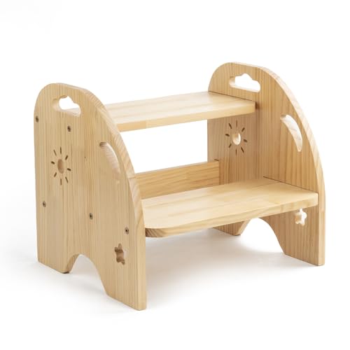 Tritthocker Kinder Holz 2 Stufen Rutschfester Kinderhocker mit Griff 80kg Belastbarkeit für Küche & Bad ab 3 Jahren