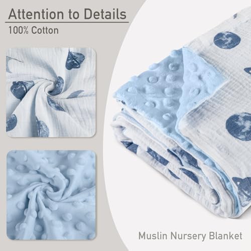 Image of GLLQUEN BABY Blankets for Boys, Soft Muslin Cotton Front Dotted Fleece Backing, Nursery Minky Crib Blanket for Infant Toddler, 30 x 40 inches Throw Blanket, Blue Space