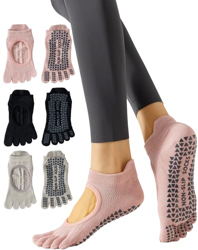 Yawlsow 3 Pairs Pilates Toe Socks for Women (US Alpha One Size Regular Regular Pink+Khaki+Black)