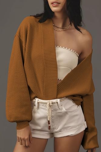 Image of Women's Open Front Cropped Cardigan Lightweight Fall Long Sleeve Waffle Knit Cardigans