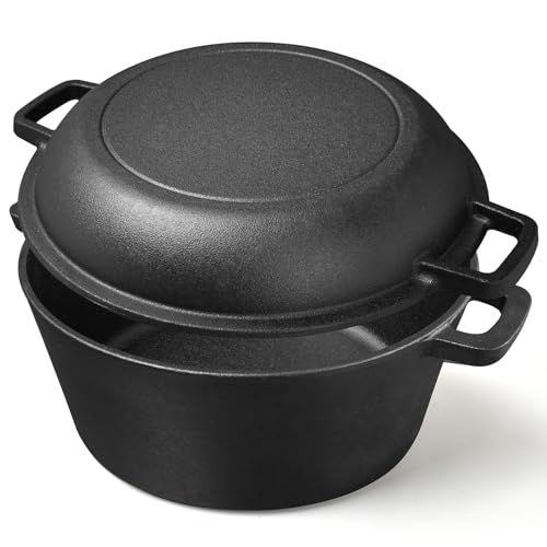 Gusseisener Topf 4,5 Liter All-in-One Deckel als Pfanne, ideal für Brotbacken, Eintopf & Schmortopf...