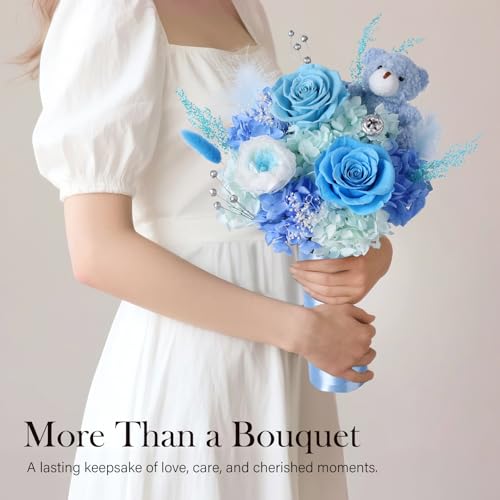 Image of Preserved Flowers Bouquet with Bear, Real Forever Flowers for Delivery, Long-Lasting Blue Eteranl Roses Bouquet, Anniversary Birthday Gifts for Women Mom Her Girlfriend Wife