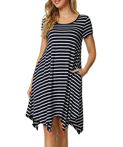 Invug Women Casual Loose Soft Crewneck Short Sleeve Pockets Swing T-Shirt Zigzag Hem Dress Dark Navy Stripe Xl #TOP1