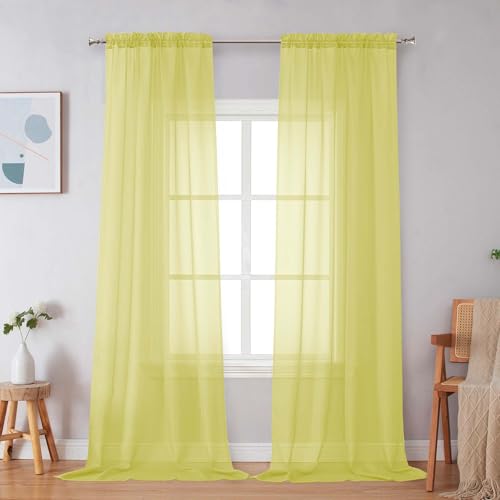 Image of Simplebrand Lemon Sheer Curtains 96 Inches Long, Light Filtering Rod Pocket Solid Color Window Sheer Curtain Panels, Elegant Curtains & Drapes for Living Room, Bedroom 2 Panels (Lemon, 42 inch W x 96 inch L)
