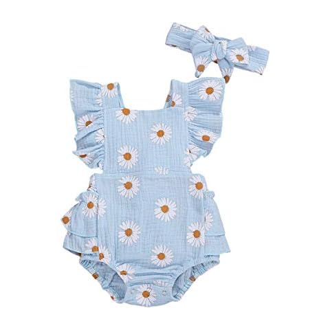 BemeyourBBs 0-24M Newborn Baby Girl Daisy Printed Romper Soft Jumpsuit Headband Outfit Set Sleeveless Playsuit with Headband Summer Clothes Sunsuit (Blue, 0-6 Months) Cover