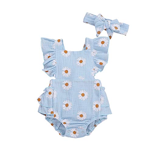 Image of COORALLY Newborn Baby Girl Summer Clothes Set Sleeveless Ruffle Romper Bodysuit Jumpsuit + Bowknot Headband (Y-Blue, 6-12 Months)