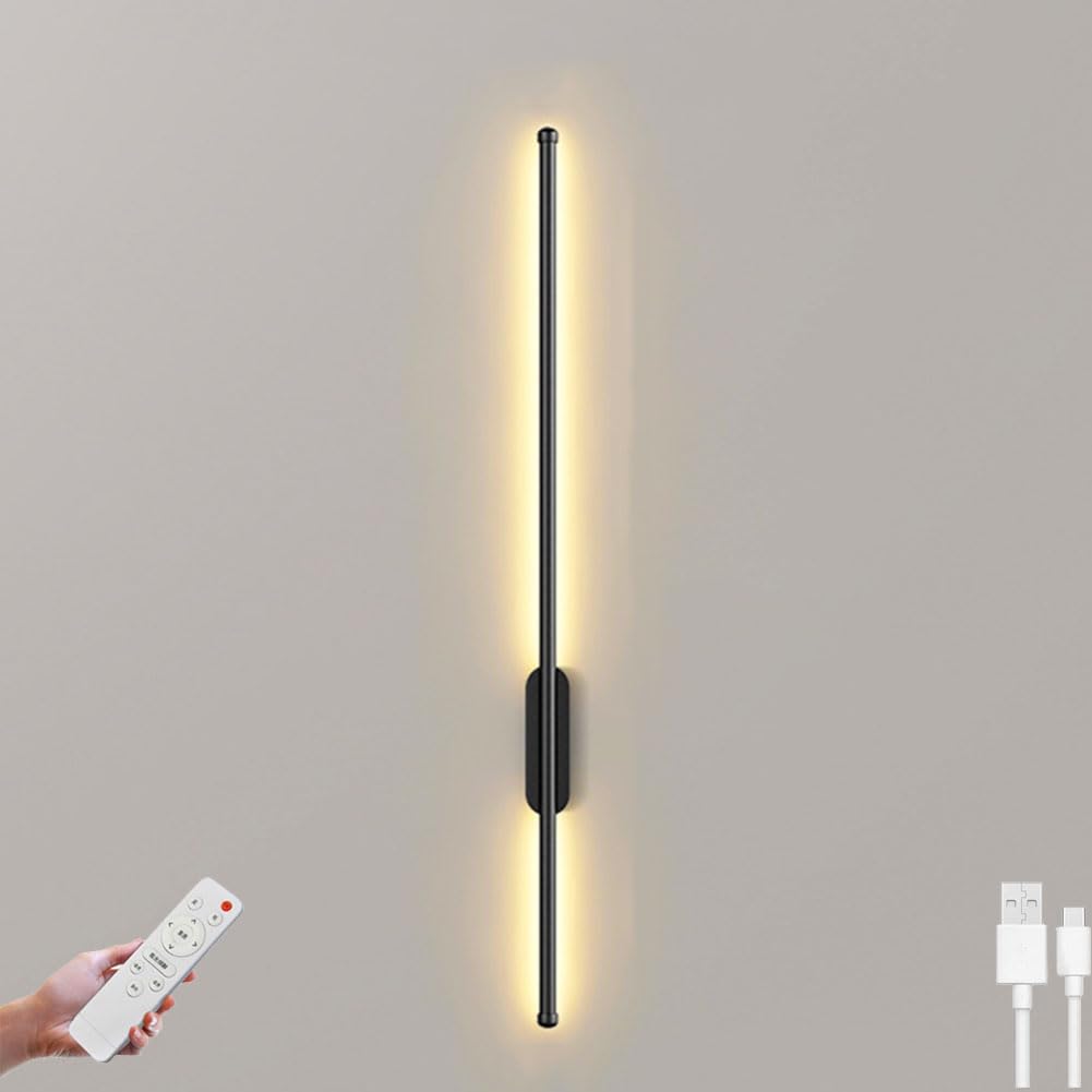 HYJAUSXB Rechargeable Wireless LED Wall Lamp with Remote Control Dimmable Bedside Light Cordless Design for Indoor Use 60cm Long Sconce Black Applique.