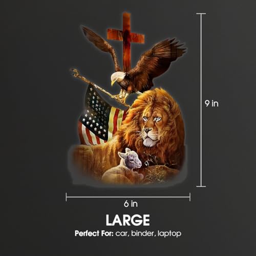 Image of Premium Lion Family Car Sticker with Jesus Cross & Eagle Holding American Flag - Durable & Waterproof Vinyl Decal for Car Window - Christian Gift for Jesus Believers - 9 x 6 Inches