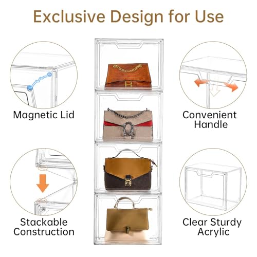 Image of Freebat Stackable Storage Organizers, Clear Acrylic Display Case, 9-Pack Acrylic Boxes with Lids, Clear Storage Containers Storage for Handbags, Collectibles & Figures