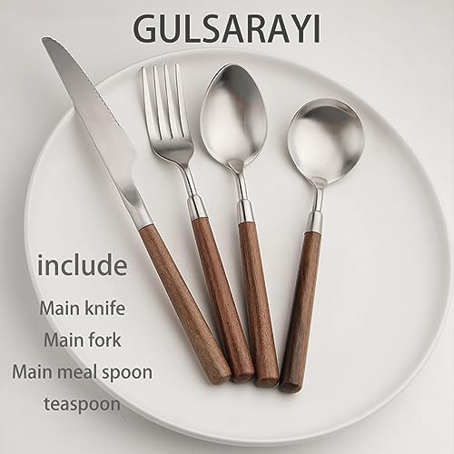 24-Piece-Matte-Silverware-Set-GULSARAYI-Wood-Handle-Flatware-Set-for-6-Cutlery-18-8-Stainless-Steel-Utensil-Sets-Spoons-And-Forks-Set-Walnut-Handle-Ergonomic-Durable-Daily-Household-Use 24 Piece Matte Silverware Set GULSARAYI Wood Handle Flatware Set for 6 Cutlery 18 8 Stainless Steel Utensil Sets Spoons And Forks Set Walnut Handle Ergonomic Durable Daily Household Use