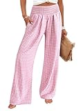 ANRABESS Womens Striped Gingham Palazzo Pants Wide Leg High Waisted Lounge Pajama Pants Cute Casual Trousers with Pockets Pink White Plaid Medium