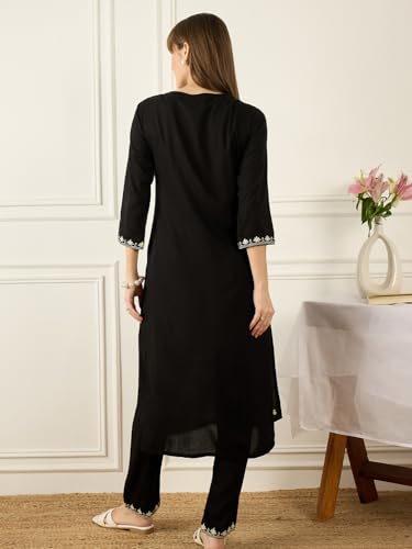 Image of INDO ERA Women's Viscose Rayon Floral Embroidered Straight Calf Length Kurta & Pant Set (IEAI11741)