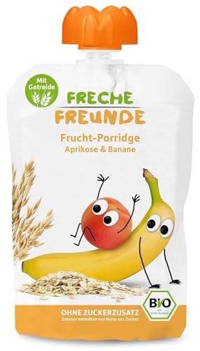 FRECHE FREUNDE Bio Quetschie, Frucht-Porridge, Aprikose & Banane, Fruchtmus mit Hafer & Reis im Quetschbeutel, Obst-Püree für Kinder und Babys ab 6 Monaten, vegan, glutenfrei, 2x 6er Pack (12 x 100g)