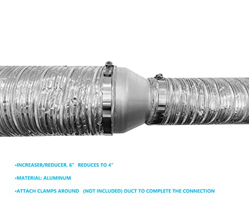 Tech Drive Duct Increaser and Reducer, 6 inch to 4 inch Inline Adapter for Heating Ventilation and Air Conditioning and Exhaust Ventilation Systems, Made from Aluminum.