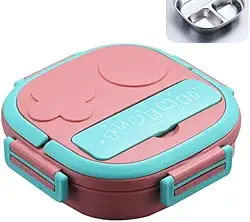 Marmita Térmica Infantil com divisórias + Garfo pote retangular com tampa lancheira (Azul) (Rosa)