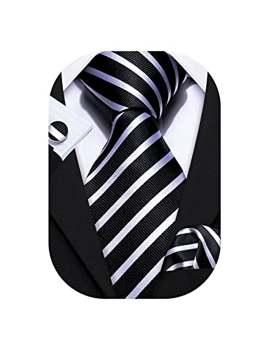Image of Barry.Wang Tie Sets for Men Silk Stripe Necktie Woven Checkered Handkerchief Cufflinks Formal Business Wedding