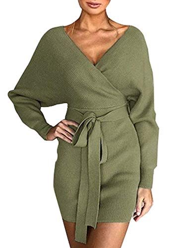 Socluer Femme Mini Robe Pull Tricot Fourreau Elégant Robe de Chambre Tricoté Col V Croisé Sexy Robe Crayon avec Ceinture(XL,Vert) Cover