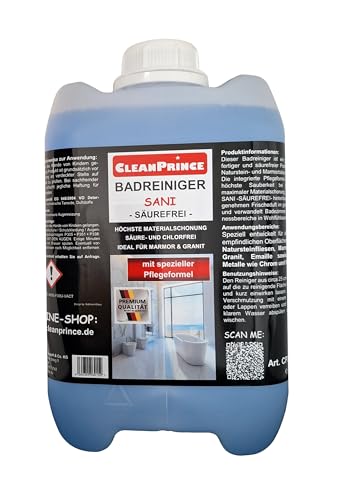 CleanPrince Sani - Limpiador de baño sin ácidos, bidón de 5 litros, para granito, mármol, piedra natural, descalcificador, baño de mármol