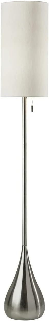 Adesso Brushed Steel Table Lamp with White Fabric Shade – Pull Chain Accent Light for Bedroom, Living Room, or Home Office, 34.5” Tall