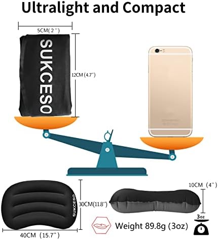 SUKCESO (2 Pack Inflatable Camping Pillows - Lightweight 90g/pcs - No Noise - Waterproof Compressible Compact Portable Blow Up Air Beach Pillows for Adults Outdoor Hiking Backpacking (Blue, Black)