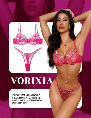 Image of Lingerie Sexy Bra and Panty Set for Women See Through Sheer Underwear Cute Exotic Floral Embroidery Babydoll Set